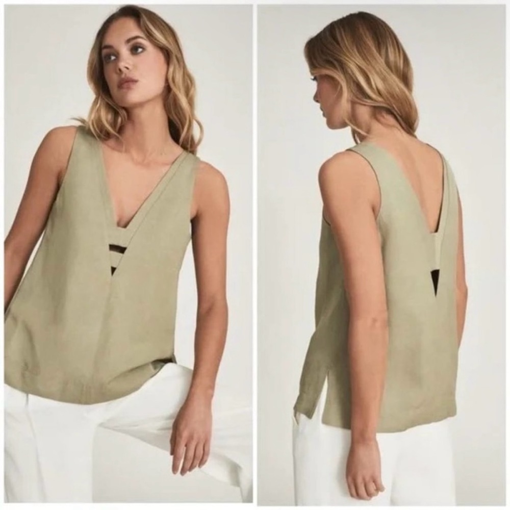 New REISS Emi Linen Blend Boxy Sleeveless V Neck Tank Top Khaki Green Size 4 NWT